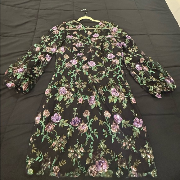 Dress the Population Black, Purple Floral Long Sleeve sequin Dress - Picture 1 of 5